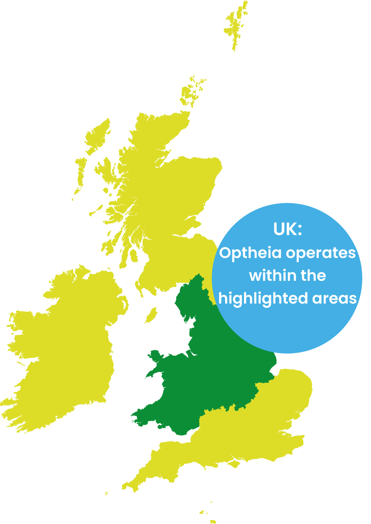 Highlighted areas of UK where Optheia operate